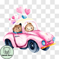 Two Bears Celebrating Valentines Day in a Pink Car PNG Design 166