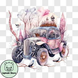 Watercolor Painting of Vintage Car with Skulls and Bones PNG Design 188