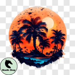 Tranquil Tropical Island Sunset with Palm Trees PNG Design 268