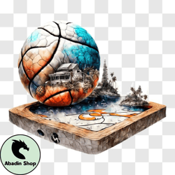 Basketball Ball Floating on Wooden Box PNG