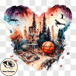 Abstract Basketball Artwork with Birds and Trees PNG