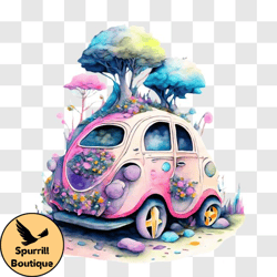 Colorful Car Art Piece with Nature Elements PNG Design 175