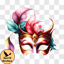 Colorful Venetian style Mask with Feathers and Floral Design PNG Design 192