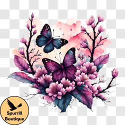 Colorful Butterflies and Pink Flowers PNG Design 211