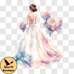 Watercolor Illustration of Elegant Bride in Wedding Dress with Colorful Flowers PNG Design 218