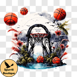 Basketball Hoop in Water with Flying Basketball PNG
