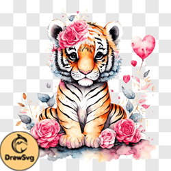 Cute Baby Tiger on Floral Background PNG Design 202