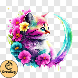 Colorful Kitten on Crescent with Flowers PNG Design 229