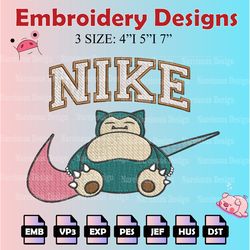 snorlax nike embroidery designs, snorlax nike logo embroidery files,  machine embroidery pattern, digital download