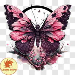 Beautiful Pink Butterfly on a Branch with Pink Flowers PNG Design 195