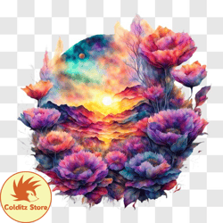 Beautiful Sunset Landscape with Wildflowers PNG Design 240