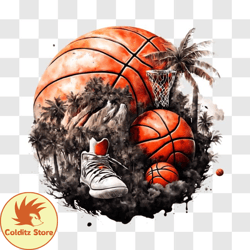 Basketball and Shoes on Grass with Palm Trees PNG Design 42
