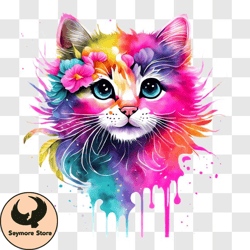 Adorable Colorful Kitten with Floral Headband PNG Design 204