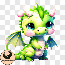 Cute Green Dragon with Wings and Crown PNG Design 222