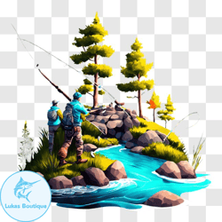Scenic Fishing on a Rocky Riverbank PNG Design 274