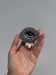 Evil Eye Brooch With Seashell Pearl Nazar Brooch Protection Amulet Handmade Personalized Spiritual Jewelry