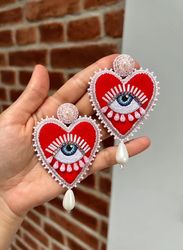 Natural Seashell Pearl Evil Eye Earrings Red Lovers Eye Beaded Earrings Embroidered American Style Unique Long Earring