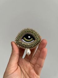 Evil Eye Brooch With Seashell Pearl Nazar Brooch Protection Amulet Handmade Gift Spiritual Jewelry