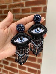 Big Evil Eye Earrings Dark Shining Luxury Elegant Beaded Earrings Embroidered Earrings Crystal Earrings American Style