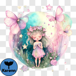 Dreamy Fairytale Moment: Cute Little Girl Praying with Butterflies and Stars PNG Design 198