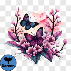 Colorful Butterflies and Pink Flowers PNG Design 211