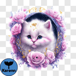 White Cat with Pink Roses PNG Design 253