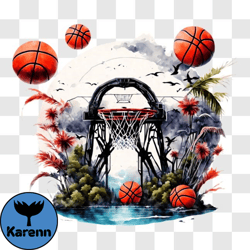 Basketball Hoop in Water with Flying Basketball PNG