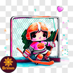 Happy Cartoon Hockey Player with Puck and Orange Goalie Net PNG