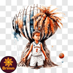 Young Boy on Island with Basketball PNG Design 111