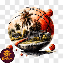 Basketball Ball Floating on Water with Palm Trees PNG Design 110