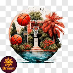 Scenic Basketball Court with Palm Trees and Pool PNG
