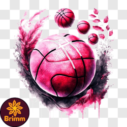 Floating Pink Basketball with Watercolor Splatters and Feathers PNG