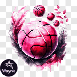 floating pink basketball with watercolor splatters and feathers png