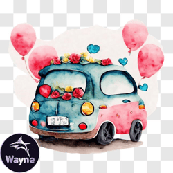Vintage Car Decorated with Balloons and Flowers for Valentines Day PNG Design 170