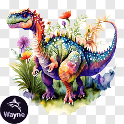 Colorful Dinosaur Standing Among Flowers and Plants PNG Design 278