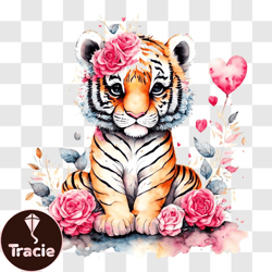 Cute Baby Tiger on Floral Background PNG Design 202