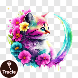 Colorful Kitten on Crescent with Flowers PNG Design 229