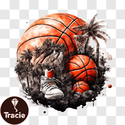 Basketball and Shoes on Grass with Palm Trees PNG