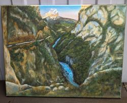 Oil painting with the Caucasus Mountains of Kabardino-Balkaria Cherek Gorge. Canvas on stretcher, 20x16 inches