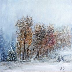 original oil painting landscape with a winter forest. 10x10 inches