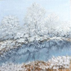 original oil painting landscape with a winter forest and river 10x10 inches