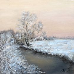 Original oil painting of a winter landscape with a pink dawn and a river first ice 10x10 inches.