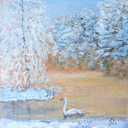 oil painting of a winter landscape with a pink sunrise and a swan bird on the river 10x10 inches.
