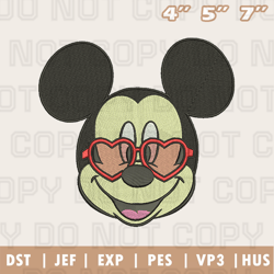 Mickey Mouse Wearing Rosy Heart-Shaped Glasses Embroidery Machine Design, Valentine Embroidery Design, Instant Download