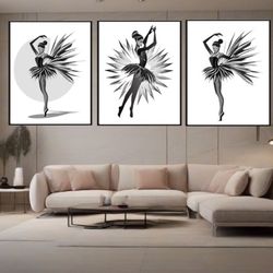 ballet dancer art print set of 3 png jpg, ballet art png jpg, woman figure wall art ballerina poses wall decor, png jpg
