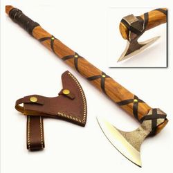 viking axe, nordic custom forged carbon steel viking axe, with rose wood shaft, camping axe, battle axe, handmade axe