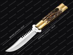 440c Original Filipino Balisong Butterfly Knife Brass with Philippine Deer Horn Inserts