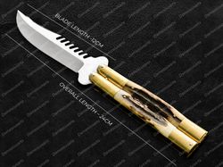 Personalized 440c Original Filipino Balisong Butterfly Knife Brass with Philippine Deer Horn Inserts