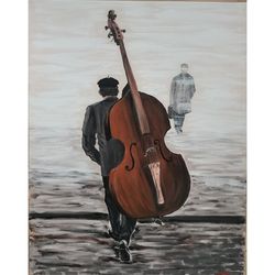 Double Bassist Figurative Original Painting On Canvas Handmade Acrylic Art Unique Wall Decor Art Work Wall Art