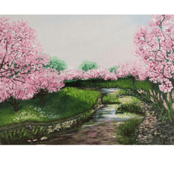 Landscape Blossoming Almond Original Painting Unique Wall Art By RinaArtSK